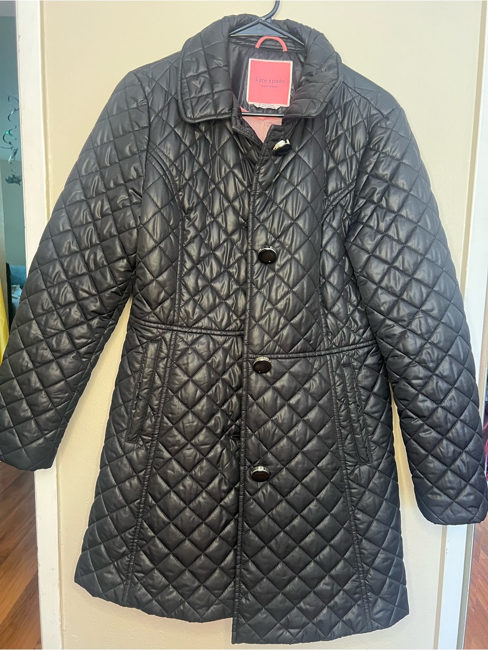 Kate Spade New York Black Quilted Long Coat Pink Lining Size M